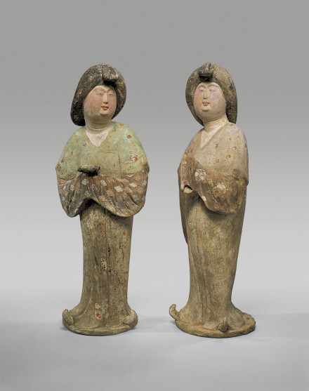 A PAIR OF LARGE PAINTED POTTERY COURT LADIES