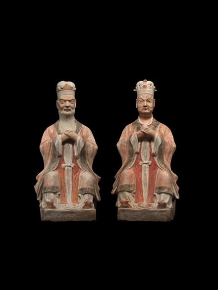 A PAIR OF PAINTED POTTERY FIGURES OF DAOIST DEITIES