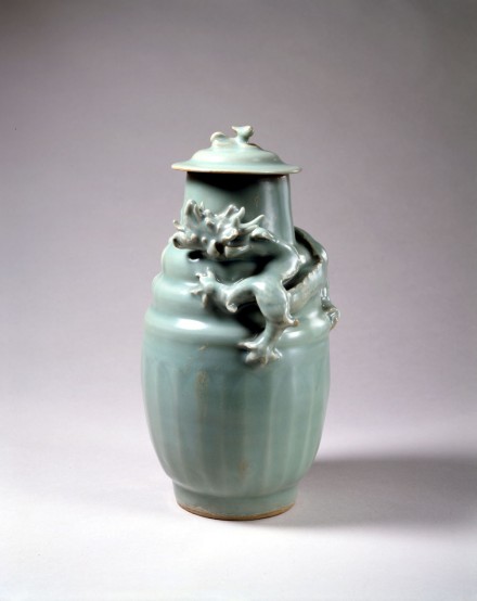 A LONGQUAN CELADON DRAGON JAR AND COVER (PANLONG PING)