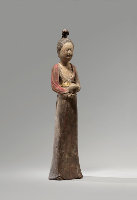 A PAINTED AND GILDED WOOD FIGURE OF A COURT LADY