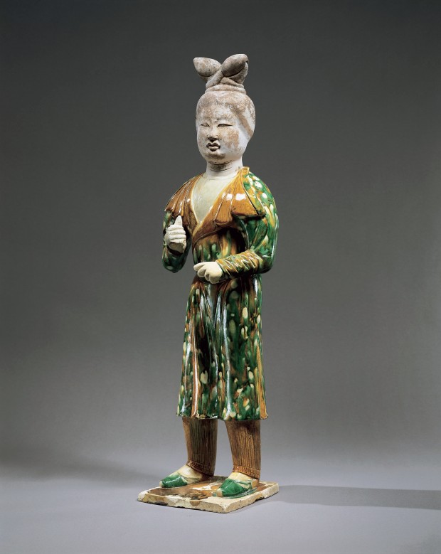 A LARGE SANCAI GLAZED POTTERY ATTENDANT