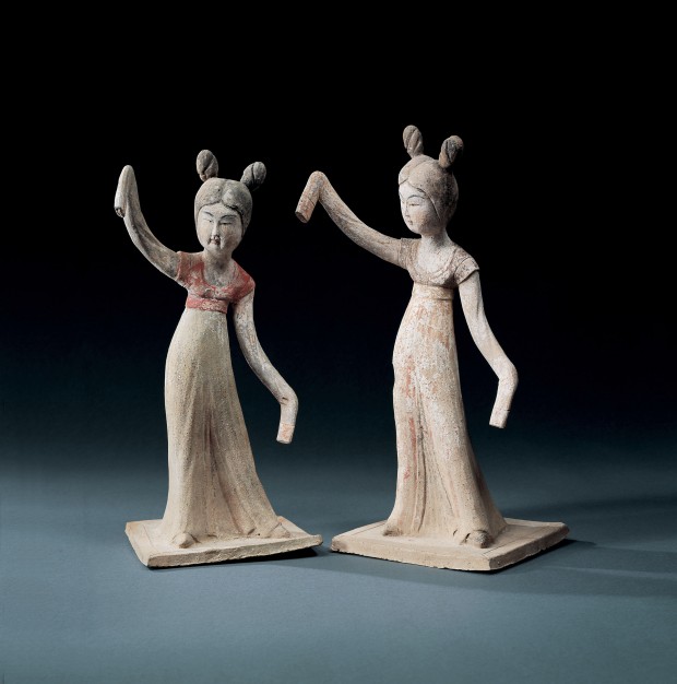 A PAIR OF PAINTED POTTERY DANCERS