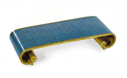 A CLOISONNÉ ENAMEL SCROLL-FORM STAND OR ARMREST