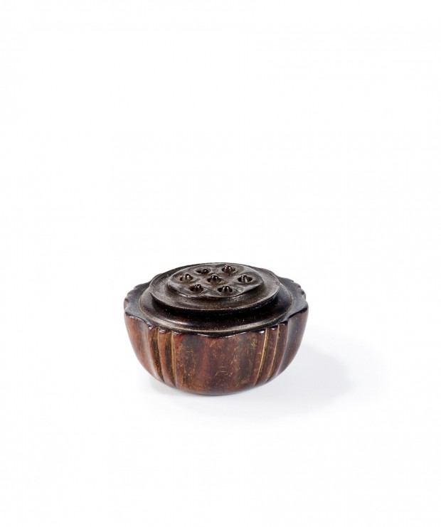 A HUANGHUALI LOTUS POD FORM INCENSE BOX