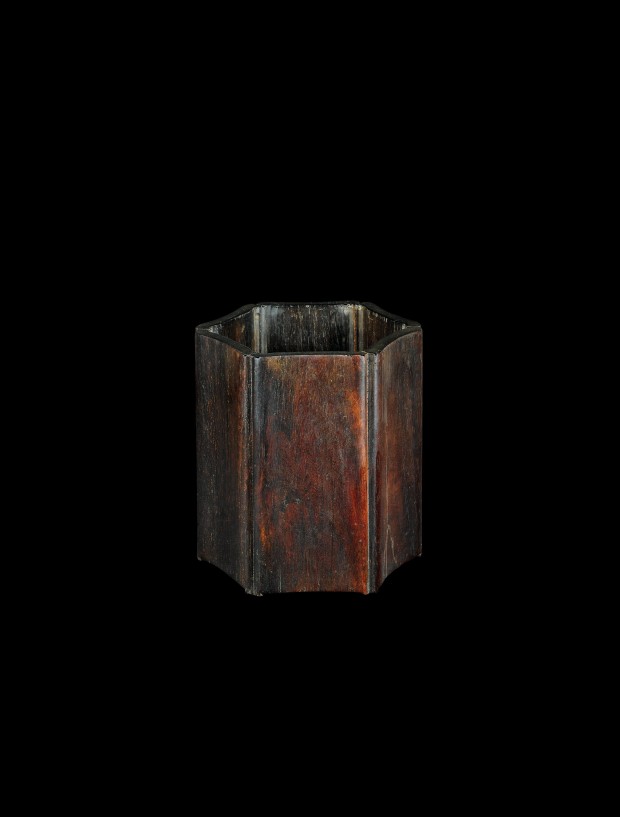 A HEXAGONAL ZITAN BRUSHPOT