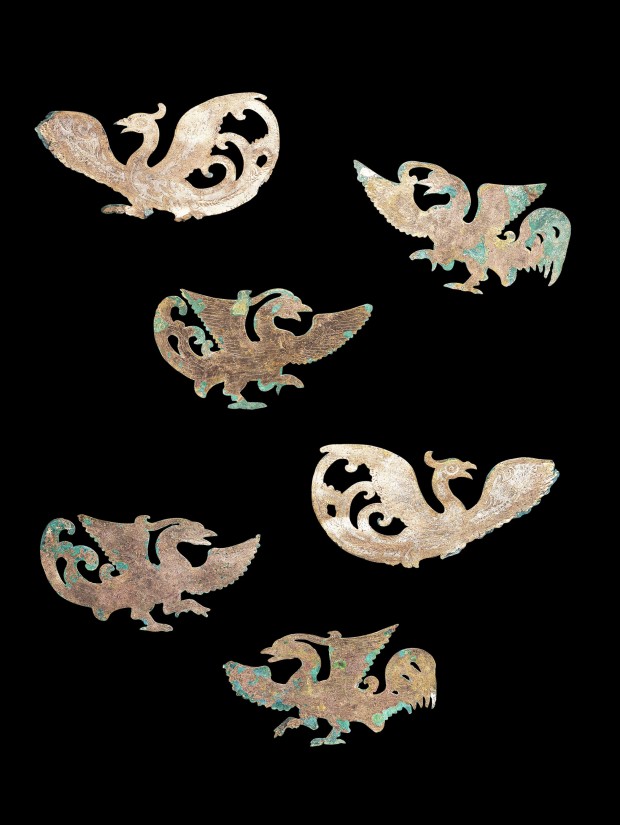 A GROUP OF SIX GILT BRONZE BIRDS