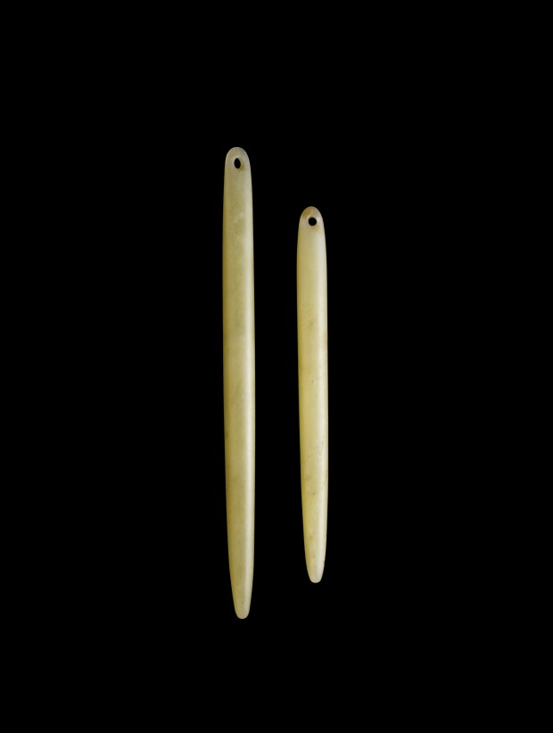 TWO LONG ROD SHAPED JADE ORNAMENTS