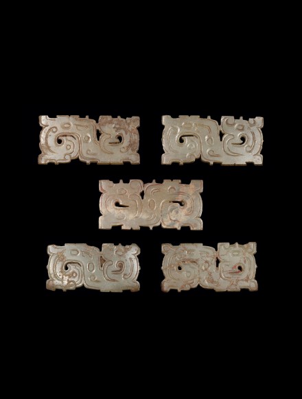 FIVE JADE ENTWINED DRAGON AND BIRD PLAQUES