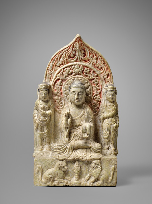 AN INSCRIBED STONE BUDDHIST TRIAD
