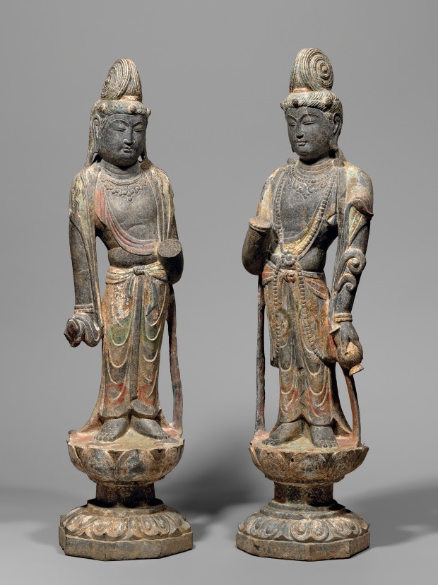 A PAIR OF PAINTED LIMESTONE FIGURES OF BODHISATTVAS