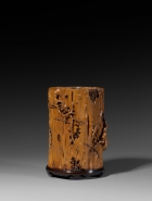 A CARVED BOXWOOD BRUSH POT