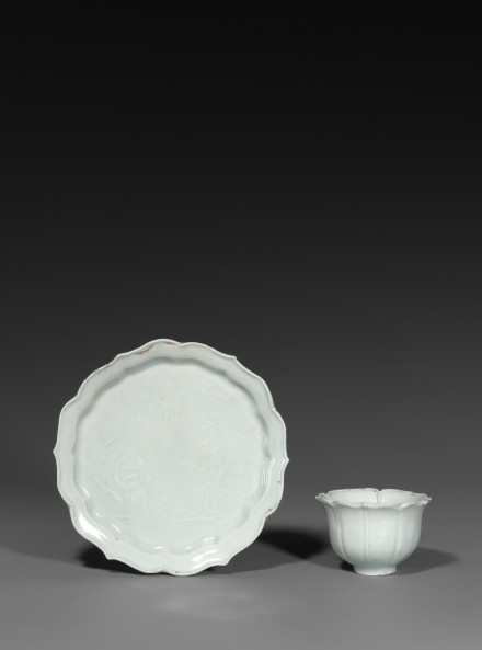 A QINGBAI PRUNUS CUP AND FOLIATE DISH