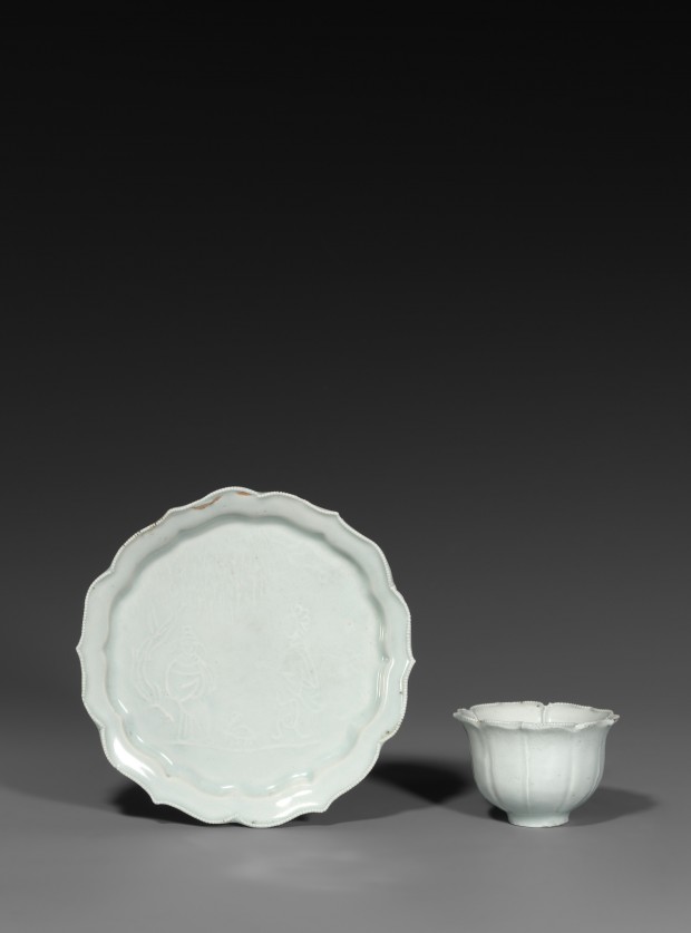 A QINGBAI PRUNUS CUP AND FOLIATE DISH